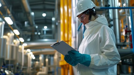 A blue-collar worker performs an inventory check at a chemical plant, wearing protective gear and using a clipboard