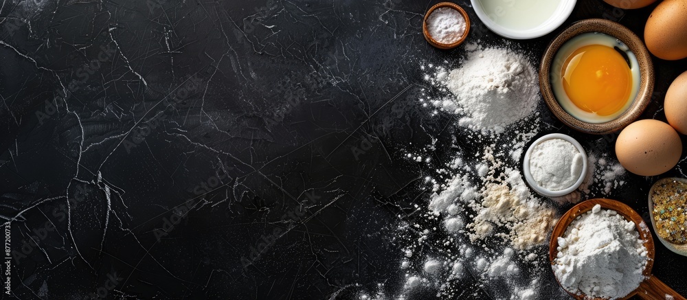 Poster top view of ingredients for baking including flour eggs salt sugar and milk with copy space image
