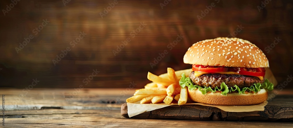 Poster classic fast food duo of a juicy hamburger with crispy fries in a nostalgic setting with a vintage c
