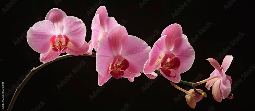 Poster Close up view of a pink Moth orchid from the Orchidaceae family set against a black backdrop with a clipping path for copy space image