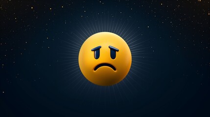 Fototapeta premium A large yellow sad emoji centered on a deep navy blue background, with subtle light rays emanating from behind,