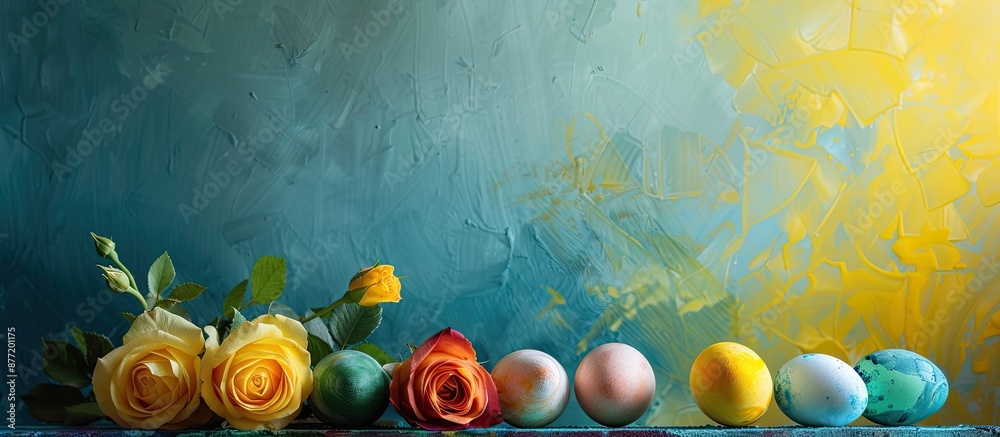 Aufkleber Celebrate Easter with a vibrant display of natural dyed eggs set on a colorful table alongside bright yellow roses creating a lovely background scene with available copy space image