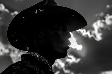 Dangerous cowboy western movie personage with gun and horse made with Generative AI modern technology