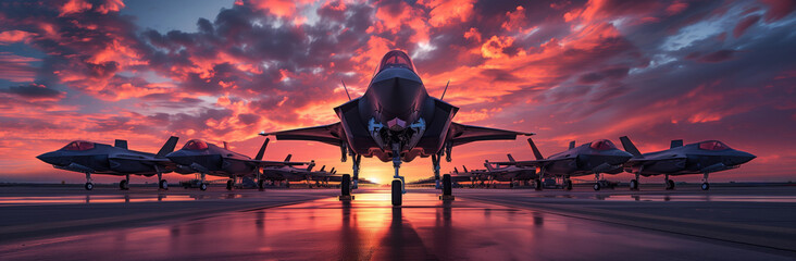 Military jet fighter of the air force on the runway of the airfield.