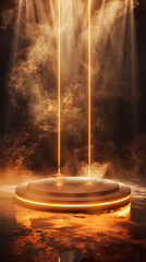 Round golden podium with smoke and spotlight