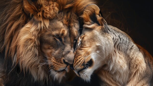 Romantic lion couple hugging