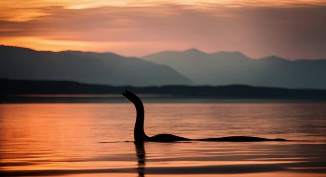 silhouette of the loch ness monster at sunset