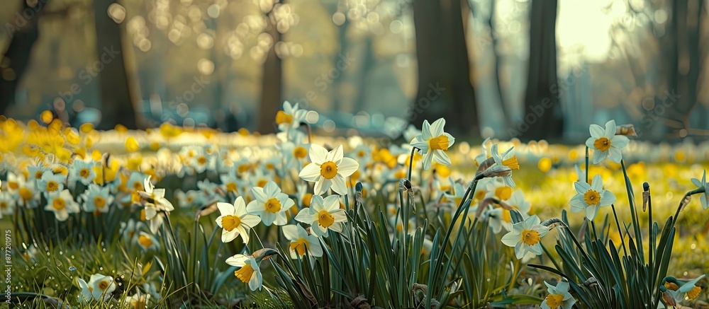 Aufkleber daffodils scattered in the park featuring a white and yellow color palette and providing copy space 
