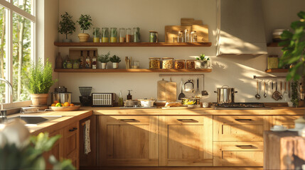 Zoom in, 2-sided counter of Muji style wooden kitchen interior design, decorated with warm, soothing tones, classic tones and cooking equipment .