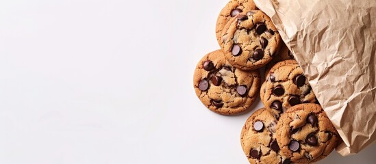 Chocolate chip cookies with a paper bag on a white background allowing for text placement in the copy space image