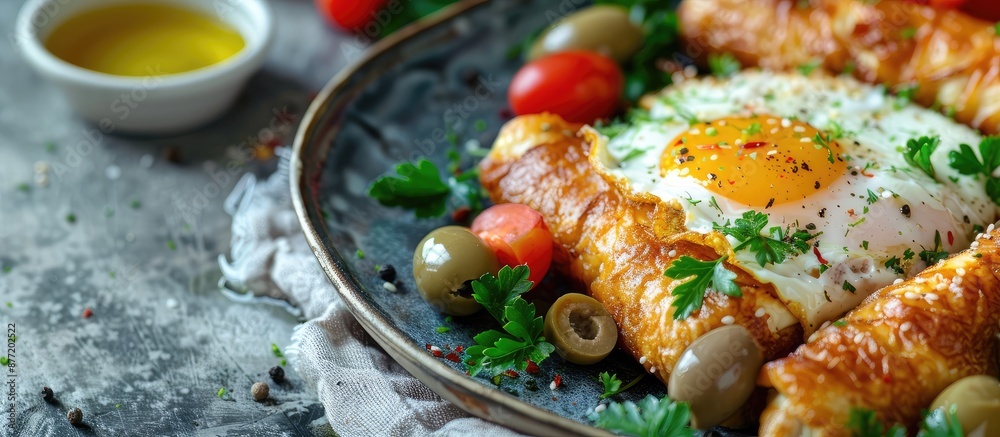 Aufkleber A ketogenic breakfast featuring a chicken roll with a fried egg olives and tomatoes presented in a visually appealing copy space image