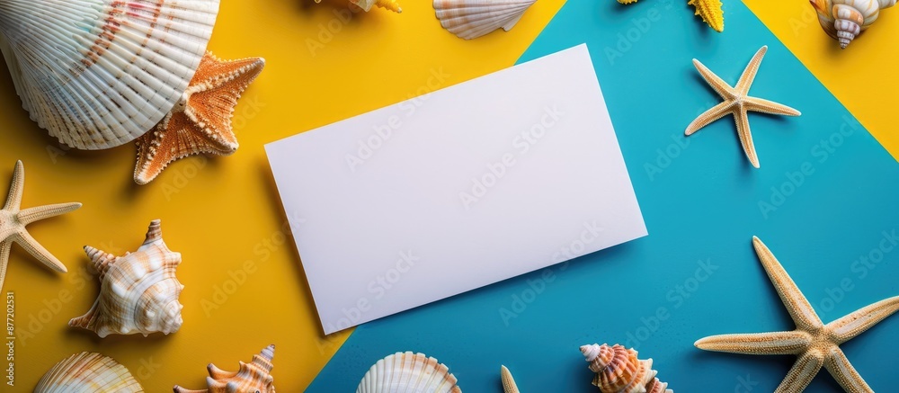 Aufkleber Summer themed setup with greeting card and white paper on colorful backdrop Seashells border text area in top view copy space image