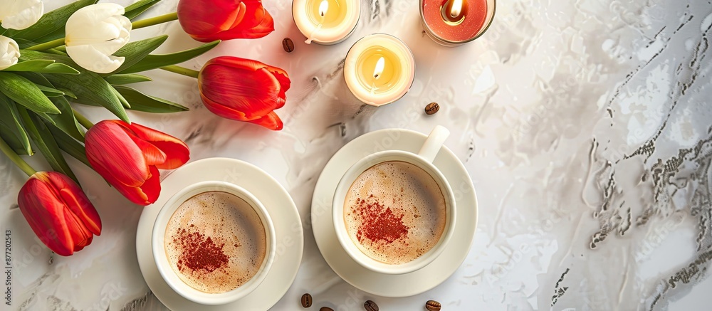 Aufkleber top view flat lay image with copy space featuring red tulips candles a white coffee cup for a mornin