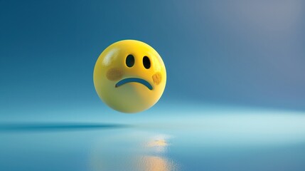 A single yellow sad emoji soft toy smile ball floating against a serene blue gradient background, casting a soft shadow below.