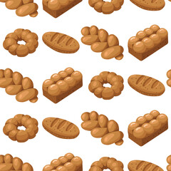 pattern of colored baking drawings, a natural illustration. Natural color scheme. Delicious bread pastries from different types of bakery products. Suitable for baking in cafes, bakeries. range