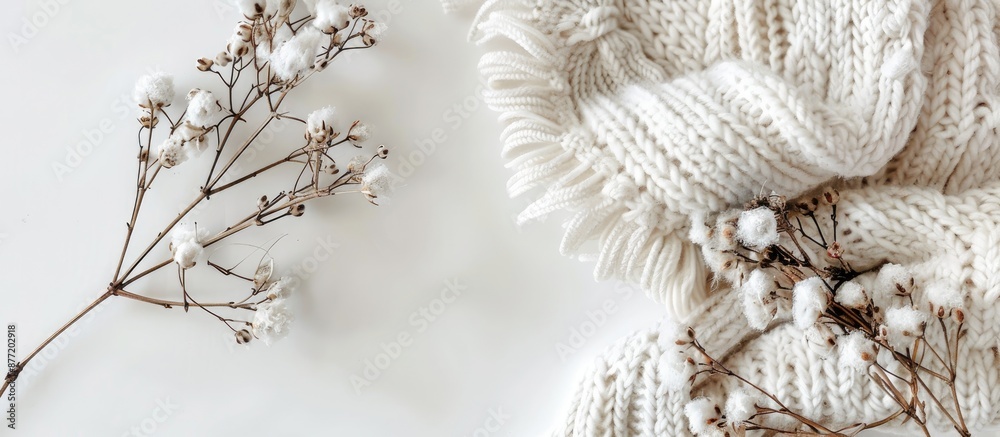 Poster white knitted wool item on white backdrop perfect for autumn or winter ambiance with available copy 