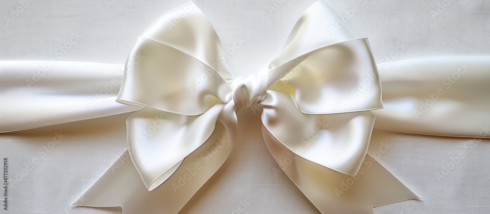 Poster white satin bow with adorning tails set on a broad cross ribbon against a white background for a cap