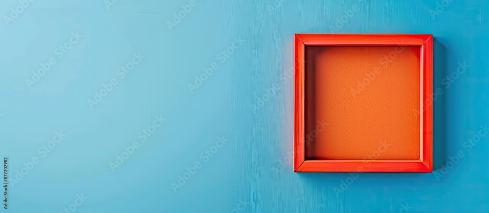 Leinwandbilder Minimal concept trendy greeting card with an empty orange frame on a classic blue background providing copy space image in flat lay style from a top view