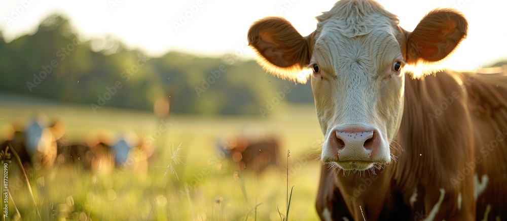Poster A close up image of a Simmental cow in a pasture with other cows providing ample copy space for text or graphics