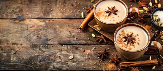 Indian masala tea with milk spices like cardamom cinnamon and star anise sweetened with cane sugar on a wooden background with copy space image