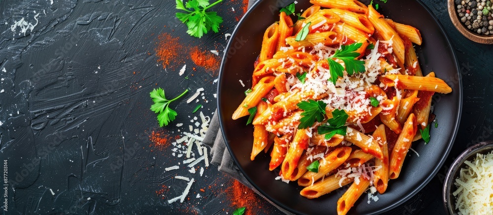 Aufkleber Top down view of homemade Penne Alla Vodka made with leftover sauce garnished with cheese and parsley in a flat lay composition Includes copy space image