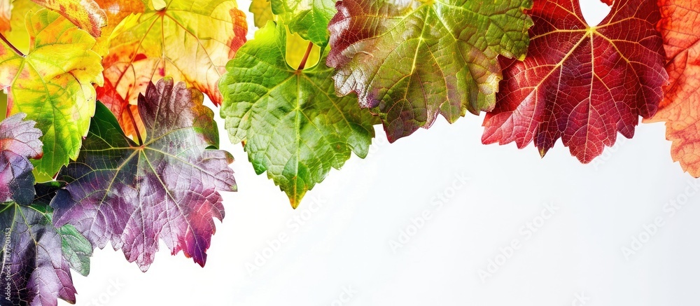 Aufkleber A close up image of girlish grape leaves in various colors on a white backdrop with copy space