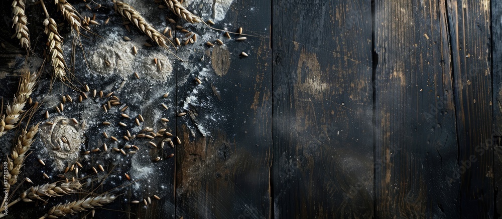 Poster dark black wooden background with wheat flour scattered providing copy space image from a top view i