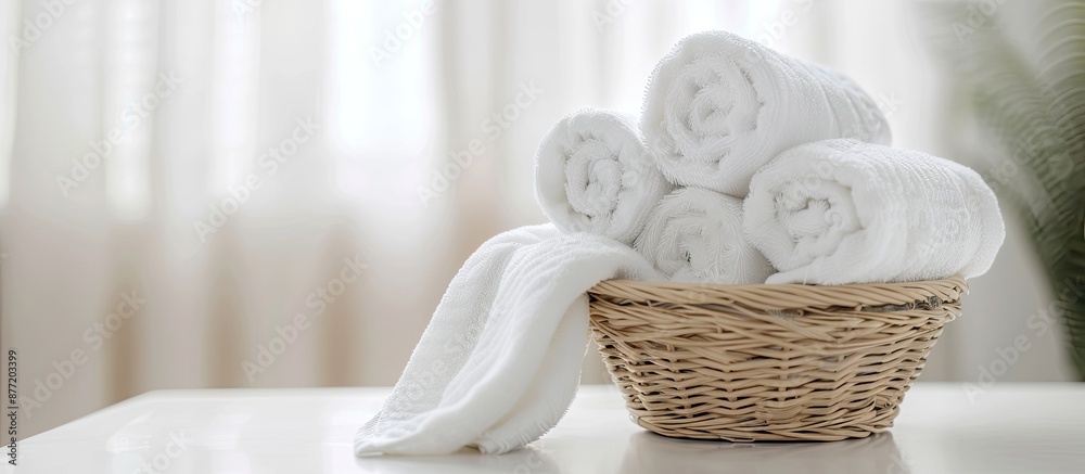 Poster White towels neatly rolled in a basket on a white table with a copy space image