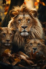 Fototapeta premium Male lions resting on the floor, generative IA