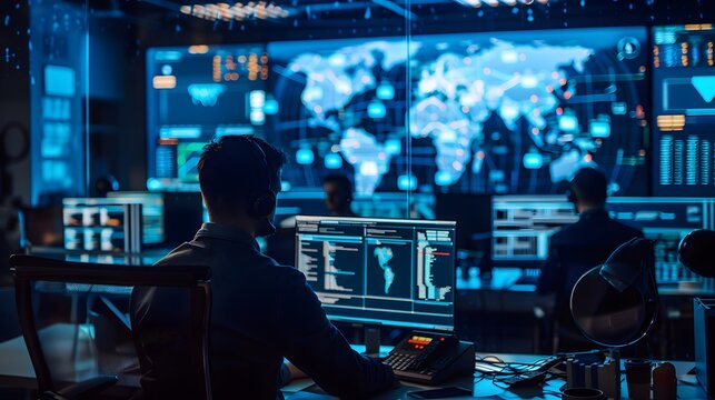 Vigilant Surveillance: Expert Team in Action at a Busy Security Operations Center (SOC)