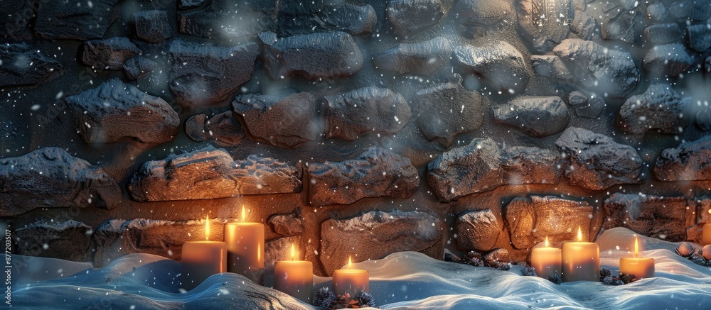 Poster A festive scene with candles in the snow against a stone wall perfect for adding text or images within the frame. with copy space image. Place for adding text or design