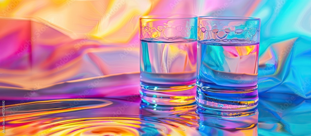 Poster clear water glasses on colorful backdrop with copy space image
