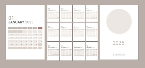 The minimalist calendar of 2025 is made in brown-beige tones. Template