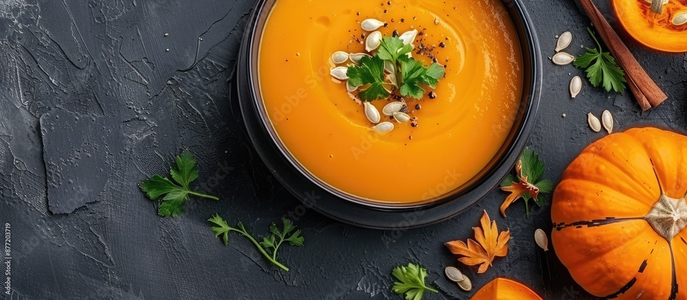 Poster top view of vegan pumpkin soup in a bowl garnished with parsley and pumpkin seeds fitting for thanks