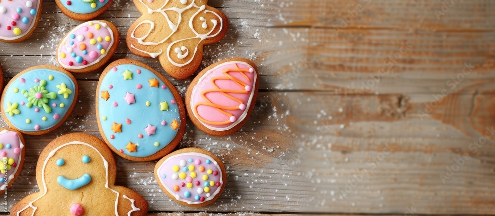 Aufkleber colorful gingerbread cookies on an easter greeting card displayed on a wooden table featuring a copy