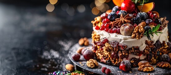 A close up image of a festive Christmas cake with various fruits and nuts set against a black background perfect for holiday baking themes showing rich textures and ingredients with copy space