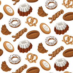 Pattern of colored baking drawings, a natural illustration. Natural color scheme. Delicious sweet pastries made from different types of dough are chaotic. For baking in cafes, bakeries sweet tooth