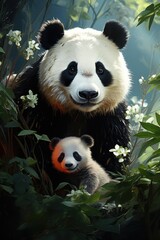 Beautiful panda with a happy panda baby together in the Chinese Park Realistic D, generative IA