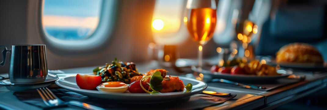 First class plane food, gourmet meal with champagne, elegant dining while flying.