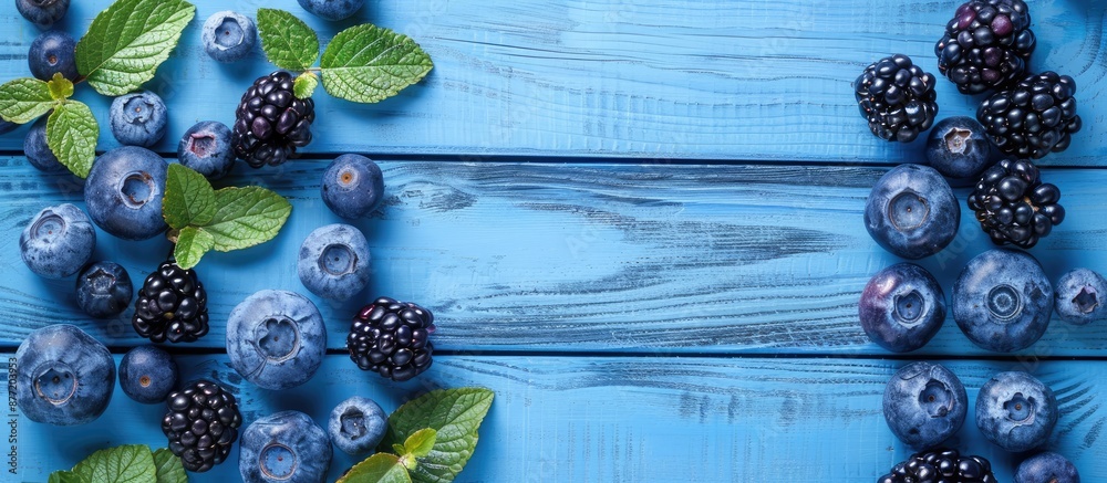Aufkleber blueberries and blackberries arranged on a blue wooden surface for a flat lay composition with copy 
