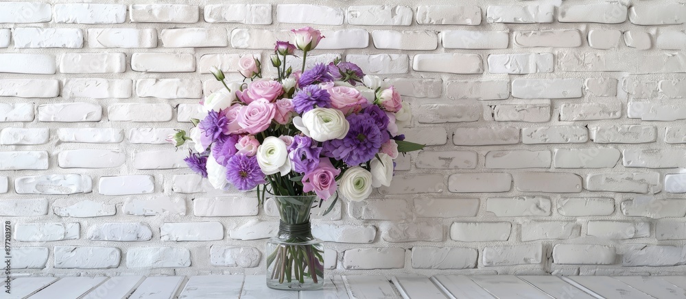 Fototapete stunning eustoma flower bouquet on a table by a white brick wall suitable for incorporating text in 