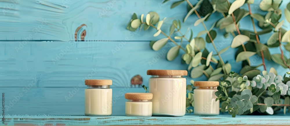 Poster colorful wooden background showcasing jars filled with cream and eucalyptus branches surrounded by c