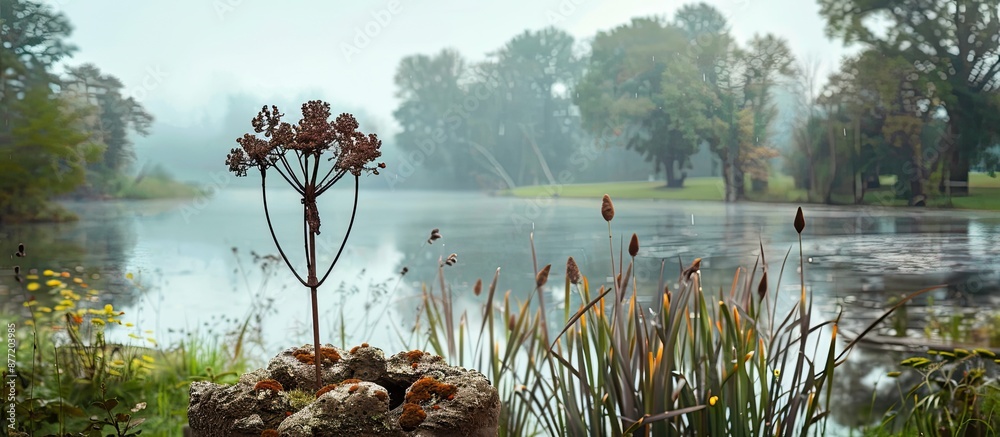 Poster Garden art featuring a weathered metal plant in a scenic setting with a serene lake in the background creating a tranquil copy space image
