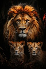 Fototapeta premium Lions Farher and Two Cubs Portrait in dark background there Generative, generative IA