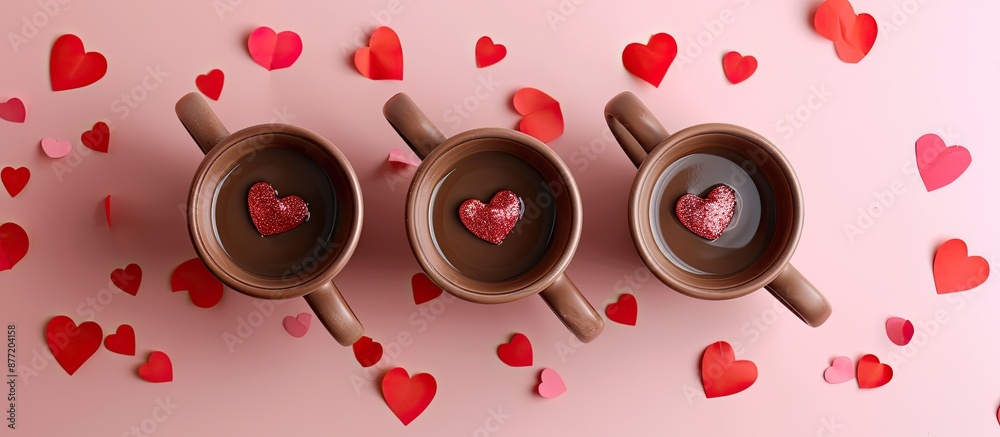 Aufkleber Three brown cups with red heart decorations on a pastel pink surface in a top down view suitable for adding text or images. with copy space image. Place for adding text or design