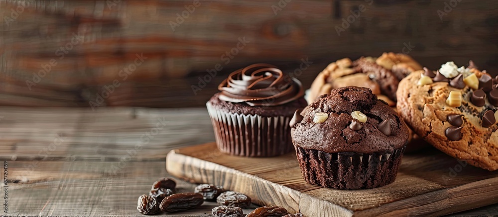 Poster displaying chocolate cookies a cupcake and raisin bread on a wooden board with copy space image