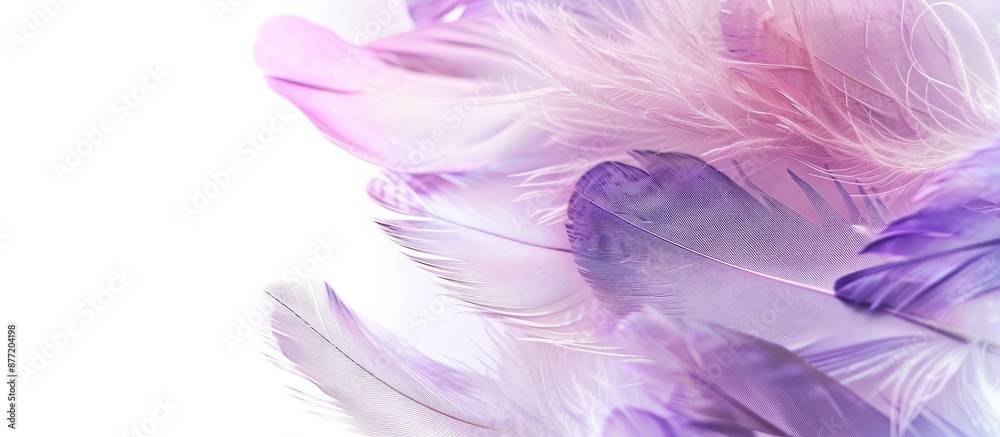 Poster white background adorned with lovely purple and soft pink feathers includes copy space image