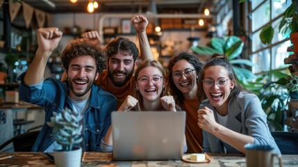 Remote team celebrating a project milestone via video conference, emphasizing remote team spirit