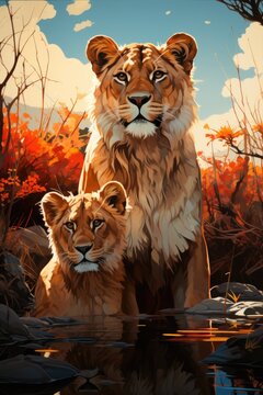 Magnificent Guepardos standing near a small lake, generative IA