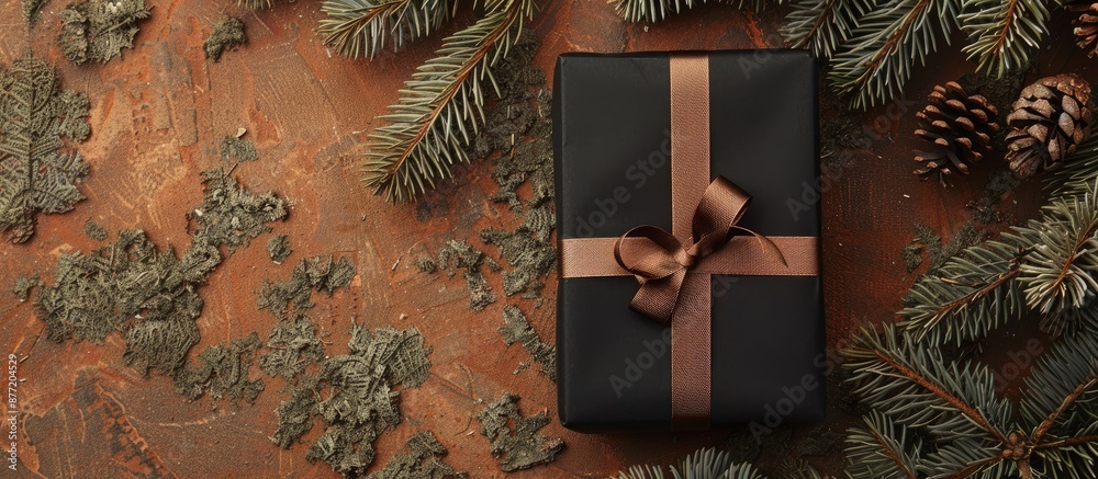 Poster christmas gift box in black and brown paper set on a textured surface with pine branches ideal for a